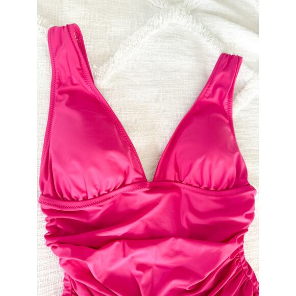 J. Crew | NWT | Ruched V-neck one-piece in Radiant Fuchsia | Sz 6 - Picture 3 of 12
